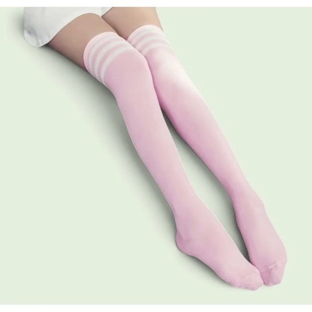 Pink with 3 White Stripes Over the Knee Tall Socks ONE SIZE School Girl NEW